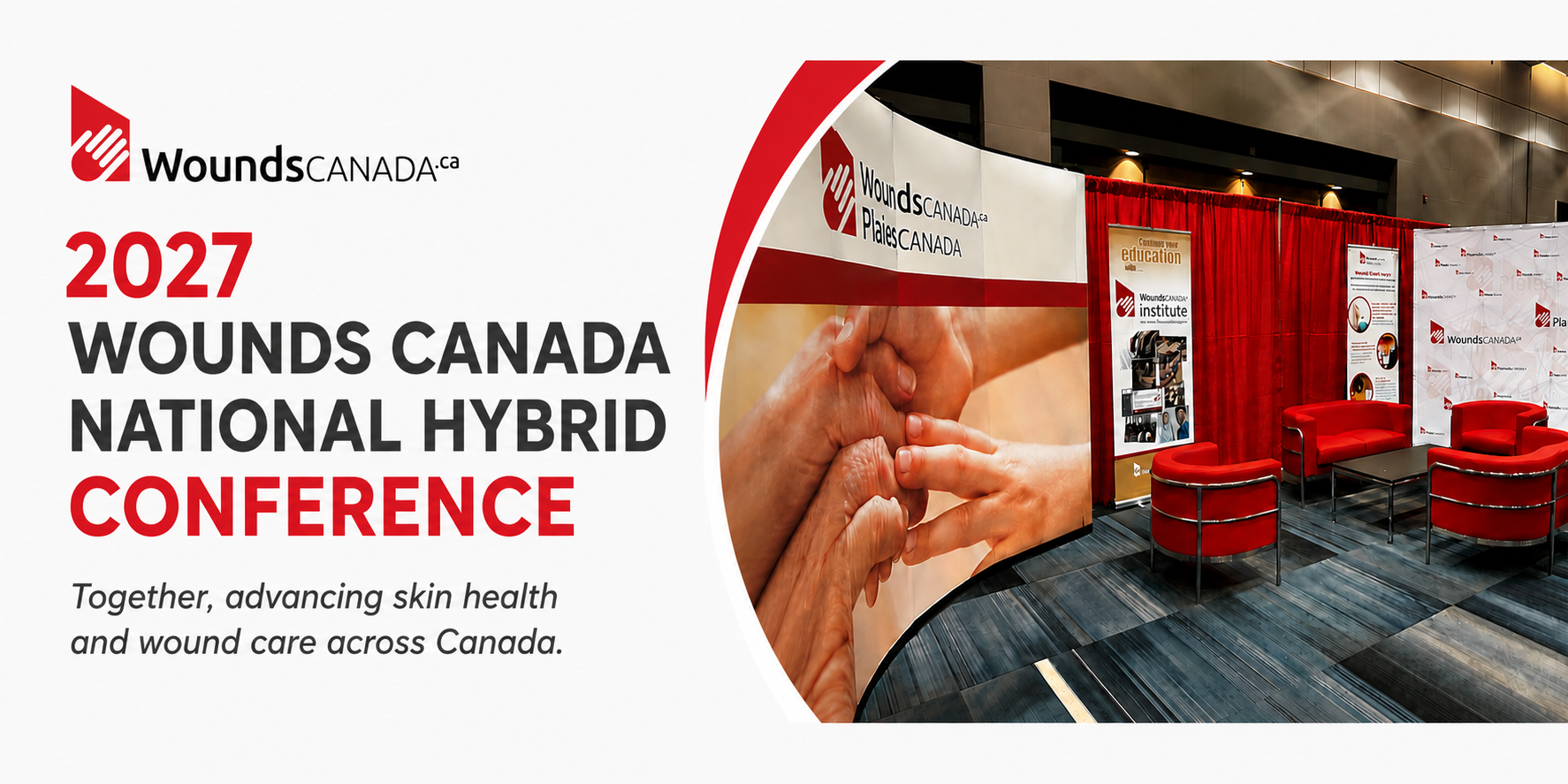 Promotional banner for the 2027 Wounds Canada National Hybrid Conference featuring Wounds Canada branding, the conference exhibit booth and the message 