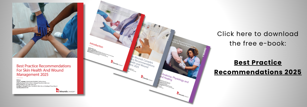 Banner promoting the free Best Practice Recommendations for Skin Health and Wound Management 2025 e-book, with the cover, sample pages, and a download invitation.